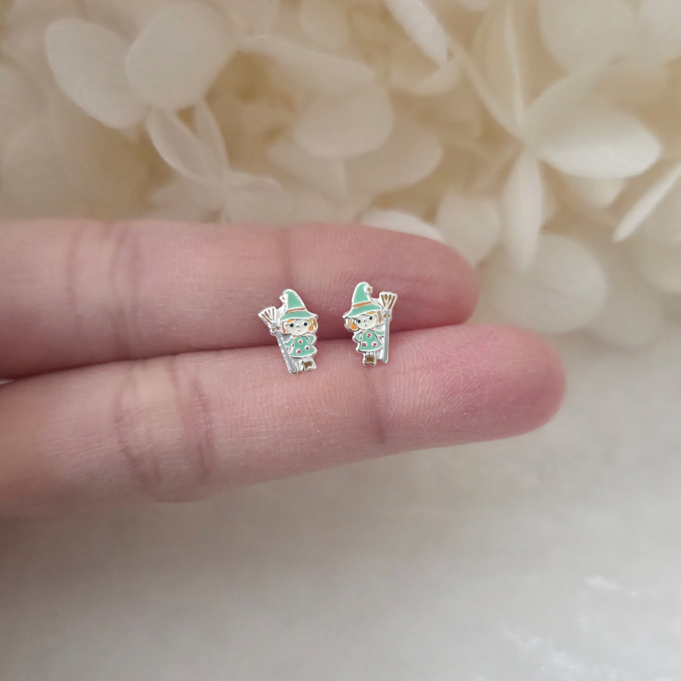 Witch in Green Dress with Broom Stud Earrings in 925 Sterling Silver My Store Witch in Green Dress with Broom Stud Earrings in 925 Sterling Silver My Store