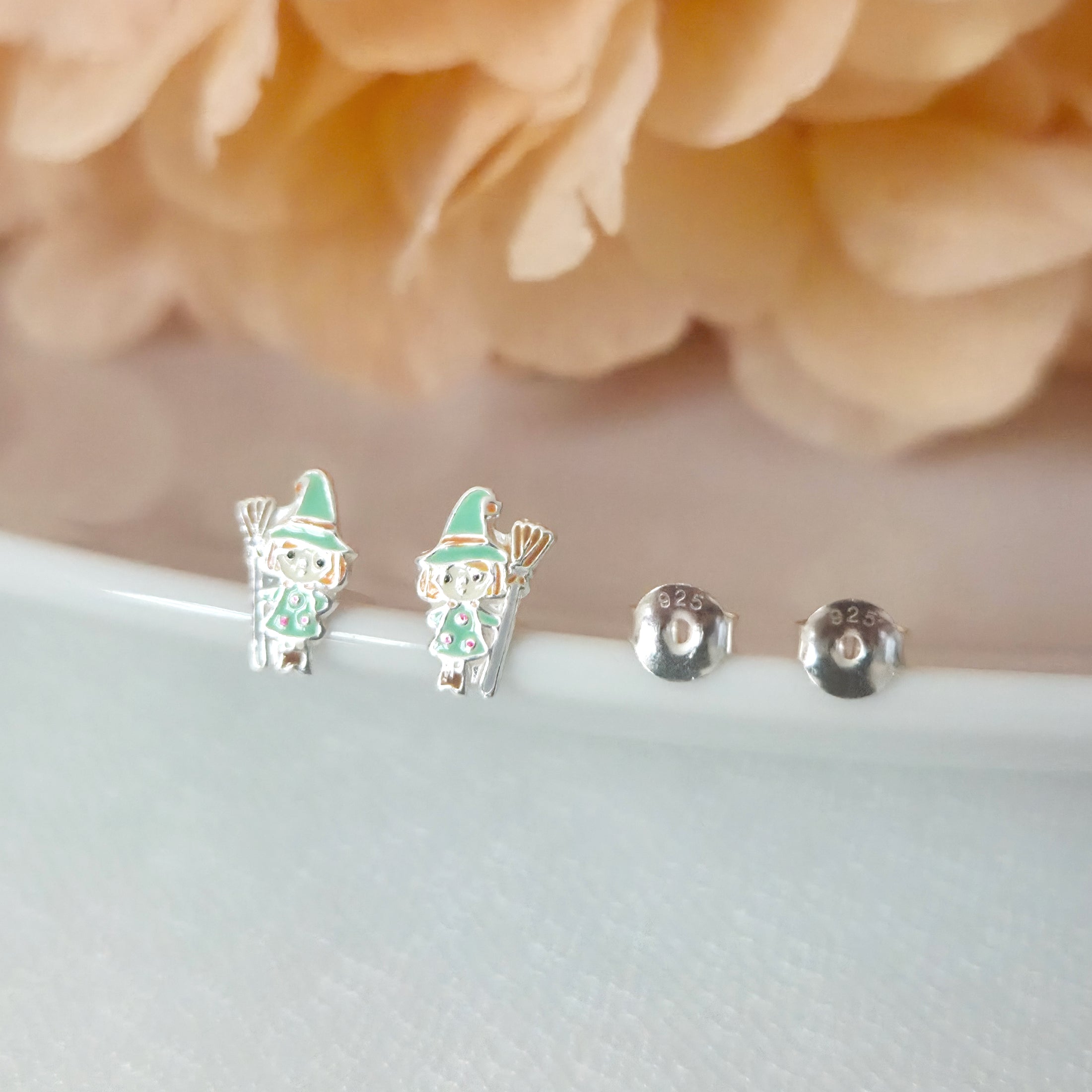 Witch in Green Dress with Broom Stud Earrings in 925 Sterling Silver My Store Witch in Green Dress with Broom Stud Earrings in 925 Sterling Silver My Store